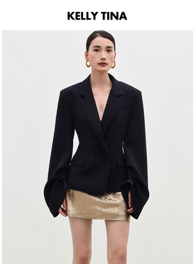 KELLY TINA复古西装外套女黑色修身高级感收腰显瘦简约小西服上衣
