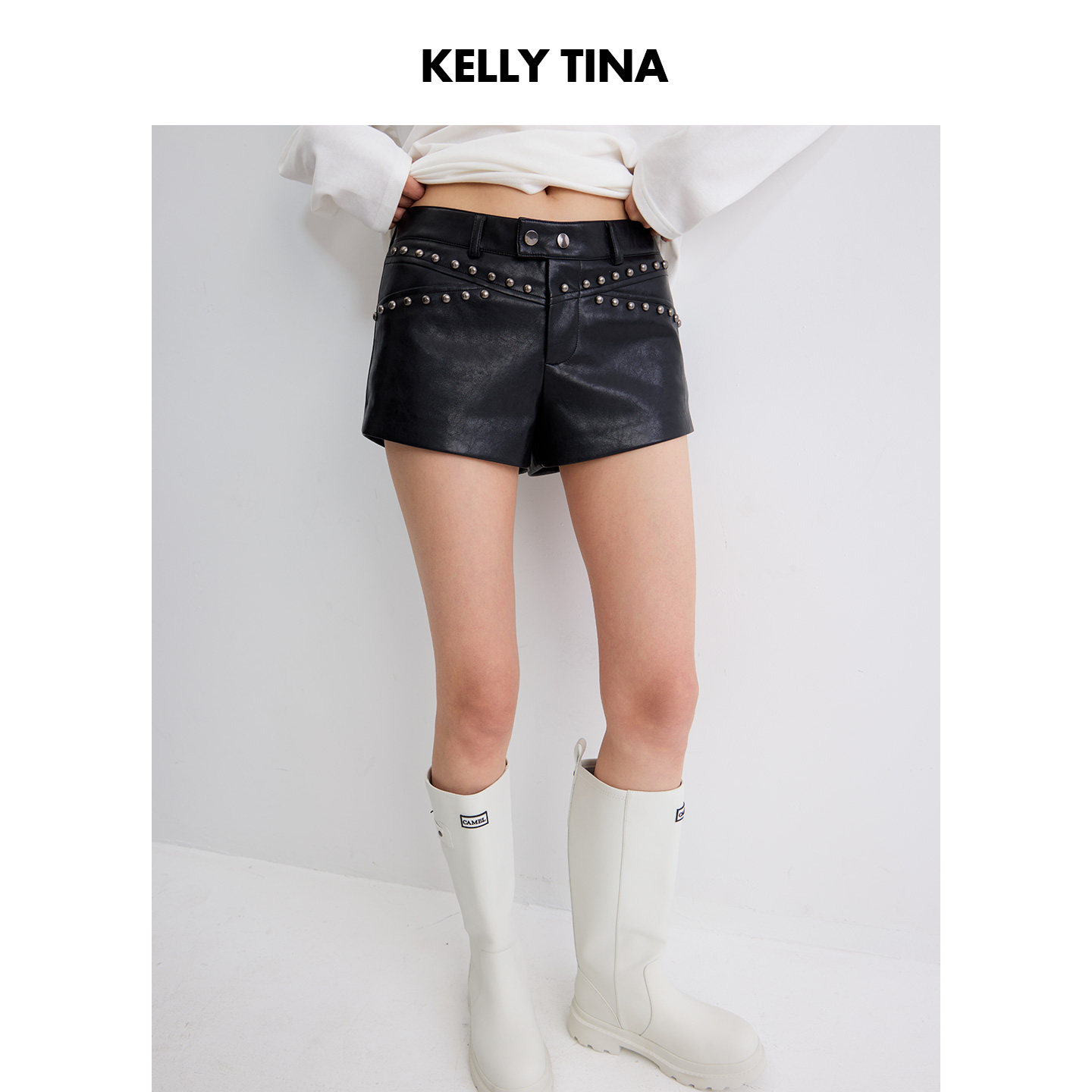 KELLY TINA 美式酷辣风铆钉皮短裤女显瘦百搭辣妹热裤蛋白皮裤子,女装/女士精品,短裤,淘宝优惠券,粉丝福利购,淘宝优惠卷