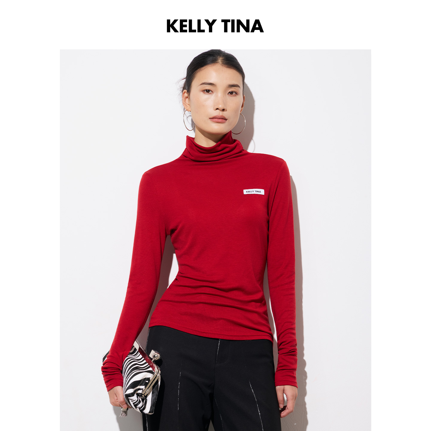 KELLY TINA 慵懒感羊毛堆堆领T恤高领内搭修身显瘦设计感打底衫
