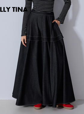 KELLY TINA  黑色大摆裙女2025新款高级感复古百搭牛仔半身裙子