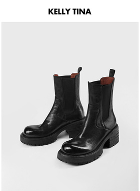 KELLY TINA黑色胎牛皮烟筒靴女2025新款春秋季粗跟厚底切尔西短靴