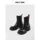 春秋季 KELLY TINA黑色胎牛皮烟筒靴女2025新款 粗跟厚底切尔西短靴