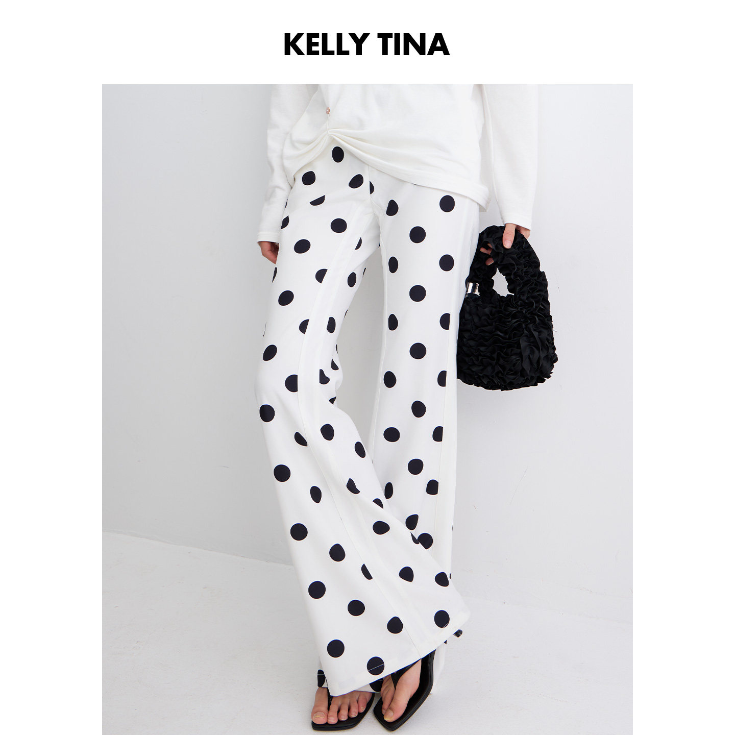 KELLY TINA 妖精之腿复古波点微喇裤女白色显瘦百搭垂感休闲长裤