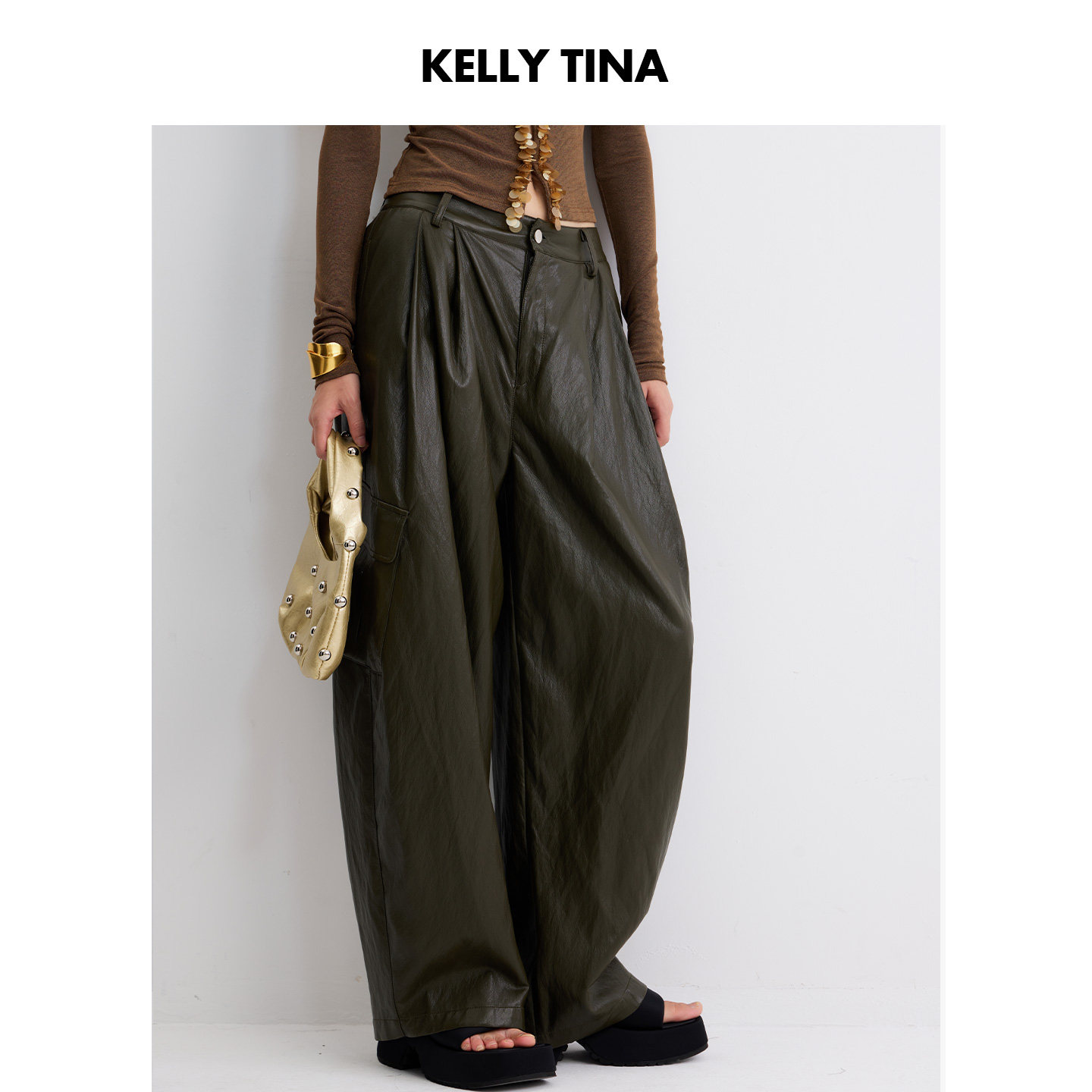 KELLY TINA 仿羊皮复古风低腰PU皮阔腿裤女宽松休闲长裤高级感
