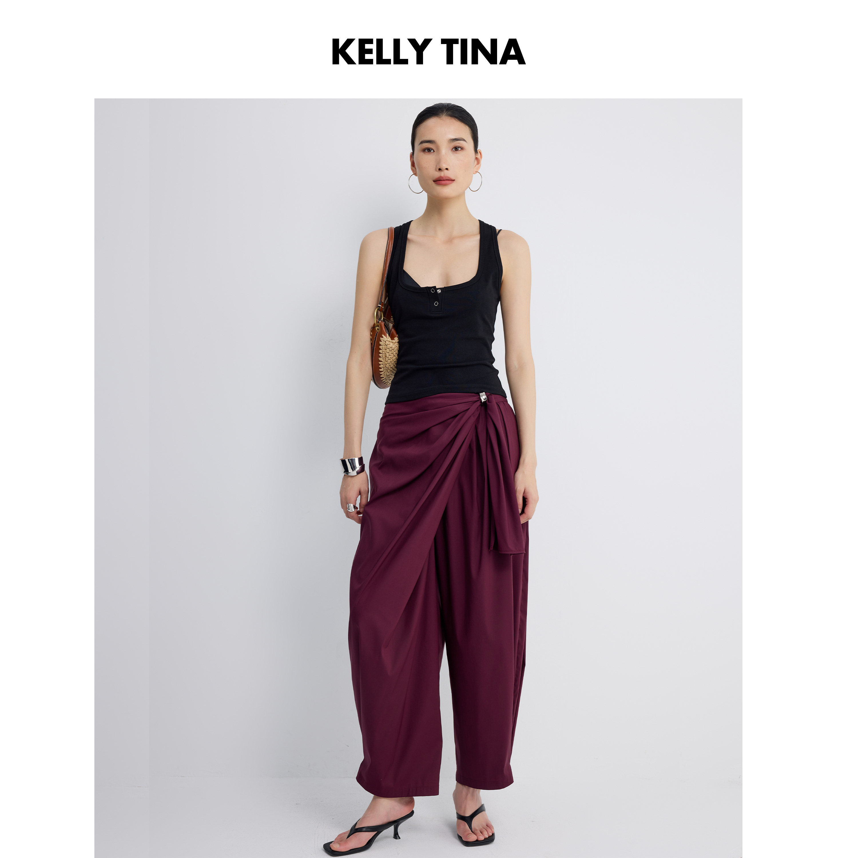 KELLY TINA 莱赛尔无花果秘语褶皱金属扣9分阔腿裤垂感抗皱休闲裤