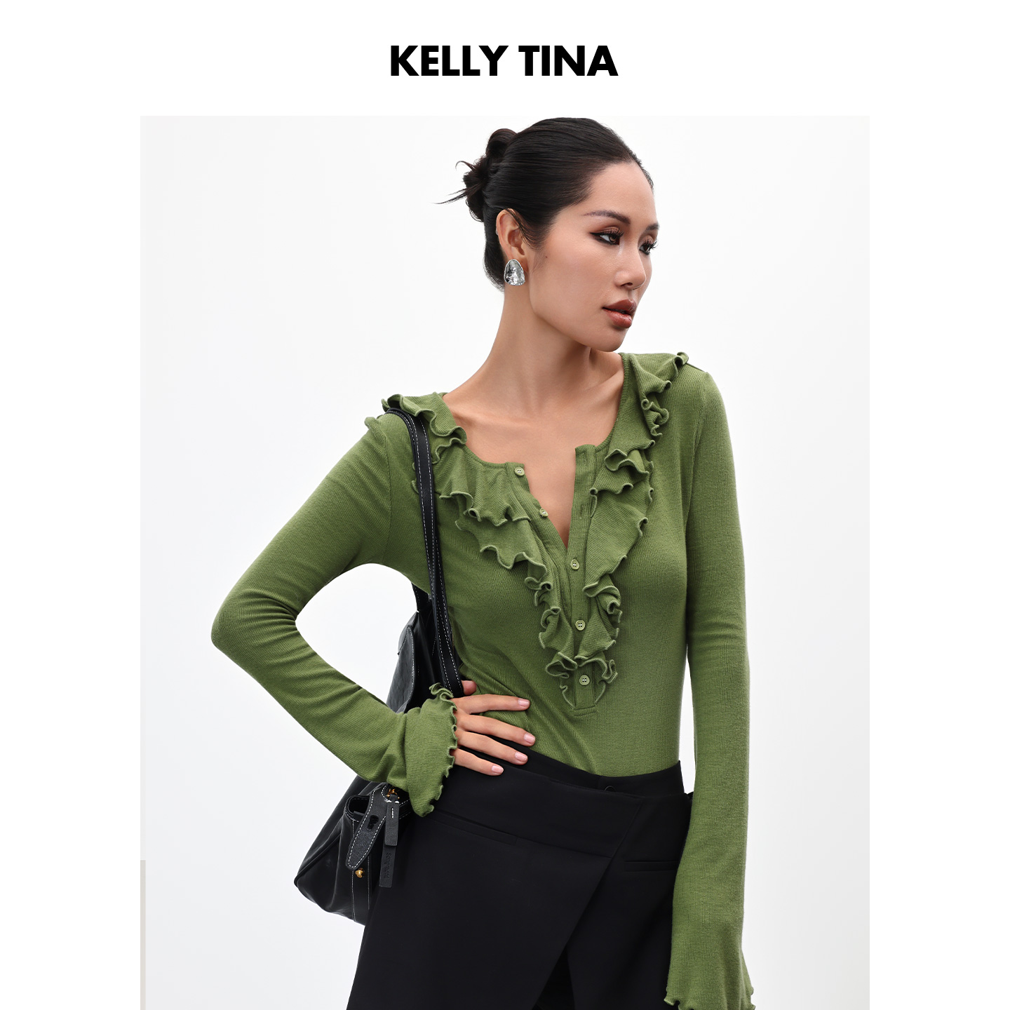 KELLY TINA雾苔涟漪绿色荷叶边V领针织衫秋季上衣内搭打底衫长袖