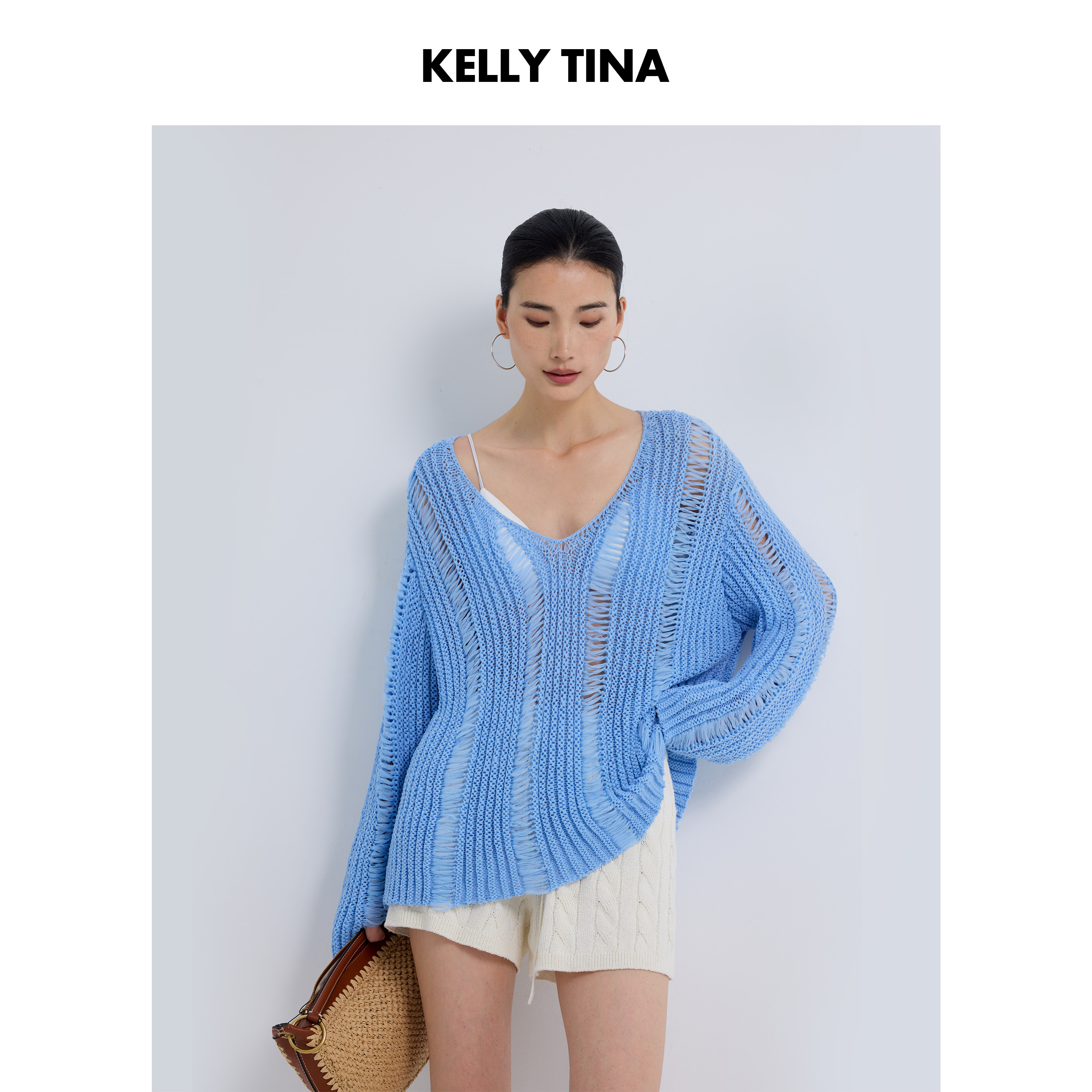 KELLY TINA 夏日花园镂空正反两穿套头毛衫女手工钩花镂空上衣夏a