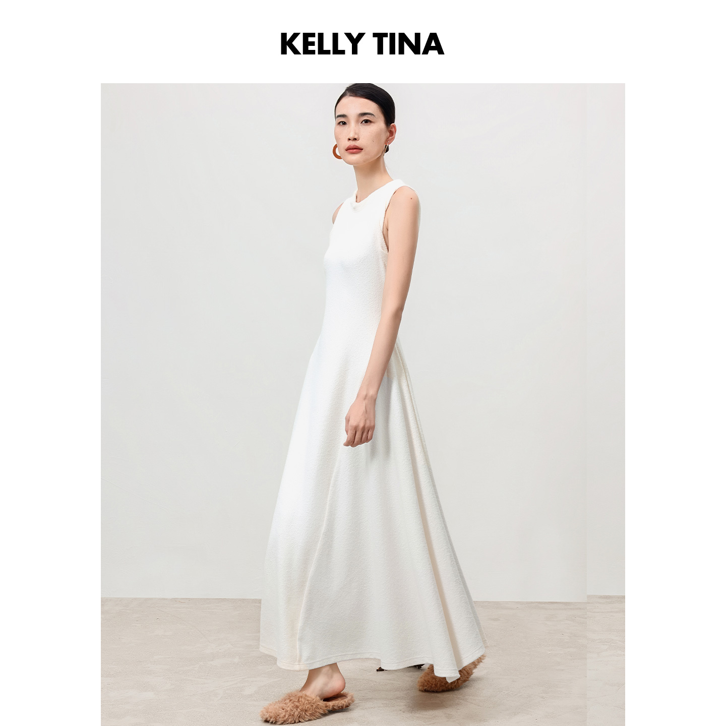 KELLY TINA 麻花领白色浪漫优雅长裙2025新款巨好看的早秋连衣裙