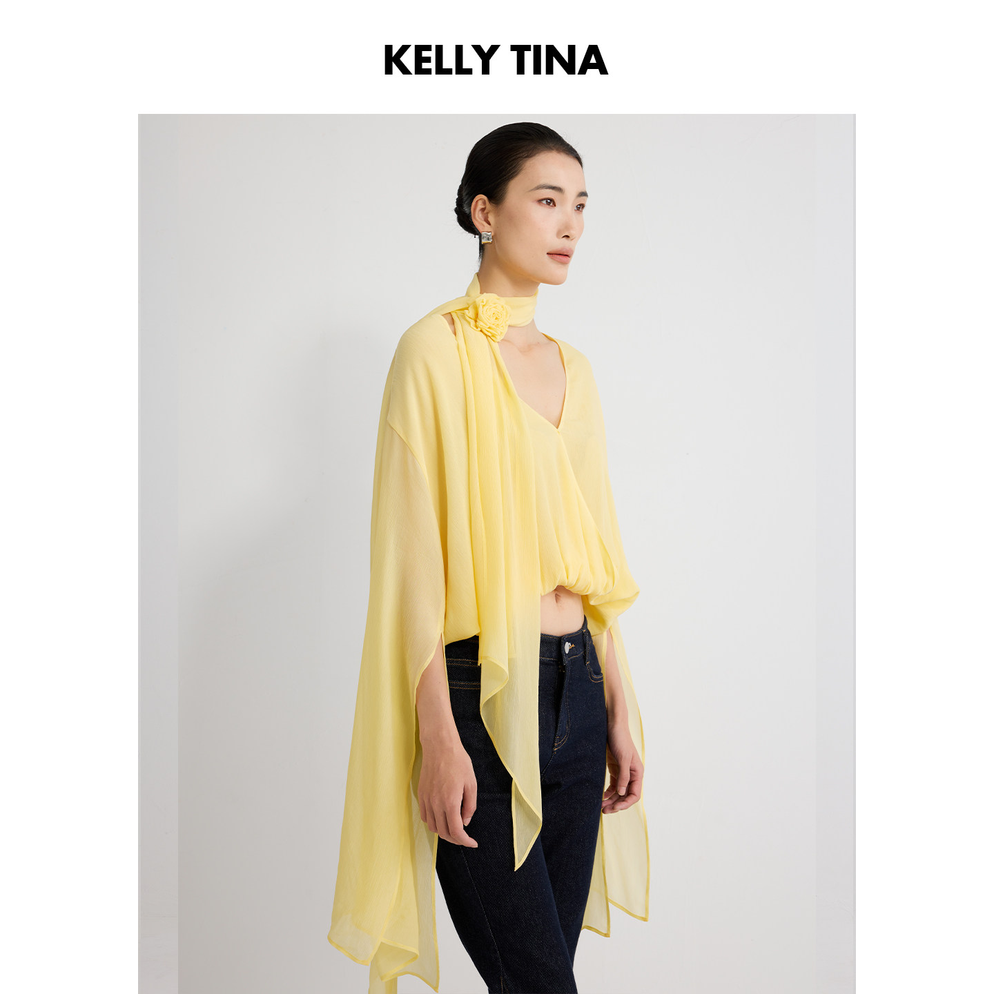 KELLY TINA 浮光·垂影铜氨丝衬衫长袖气质雪纺衫黄色V领法式上衣