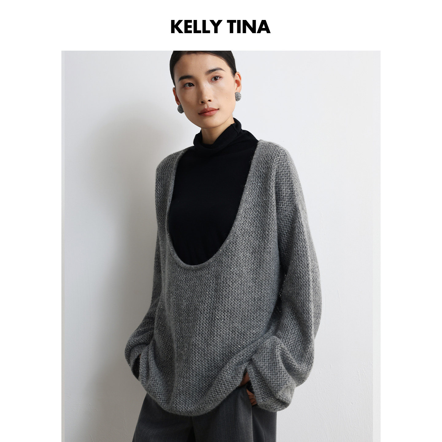 KELLY TINA吸睛大U领亮片镂空毛衣女秋季宽松针织高级感上衣长袖,女装/女士精品,毛衣,淘宝优惠券,粉丝福利购,淘宝优惠卷