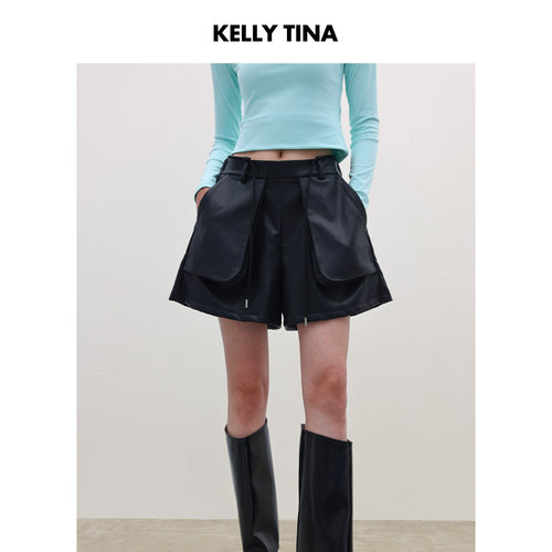 KELLY TINA随性休闲短裤女2025新款秋冬搭配黑色外穿简约显瘦皮裤