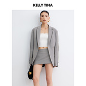 女长袖 KELLY TINA简法轻职场简约风灰色西装 双排扣百搭显瘦外套女