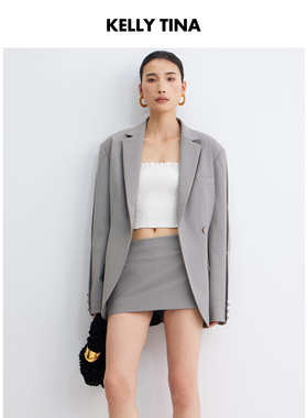 KELLY TINA简法轻职场简约风灰色西装女长袖双排扣百搭显瘦外套女