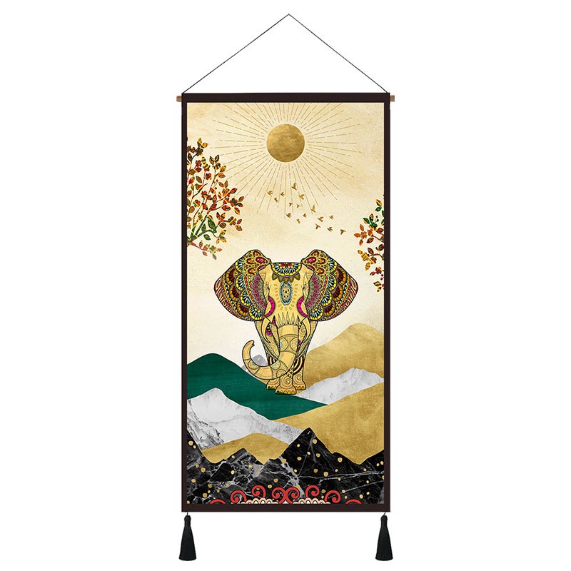 复古房间挂画布艺发财树挂布玄关壁毯大象挂毯民宿装饰画书房壁挂