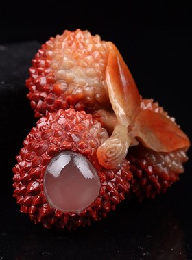 定做红石寿山石摆件精品天然石雕摆件精雕荔枝手把件硕果累累名利