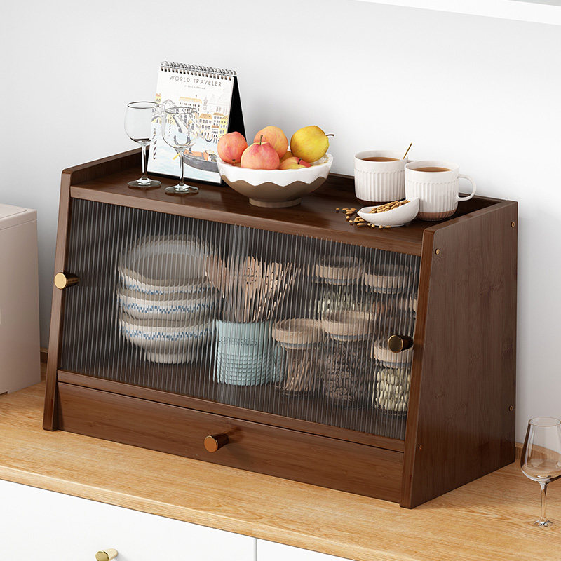 日式桌面餐边柜厨房台面置物架实木收纳储物柜子家用玻璃碗柜茶柜