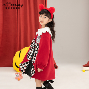 红色卡通小女孩贴布儿童春秋款连衣裙2022新品洋气加绒女童卫衣裙