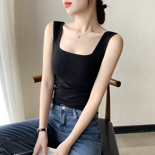 方领黑色小吊带背心女纯棉紧身夏季内搭2024年低领口美背打底上衣