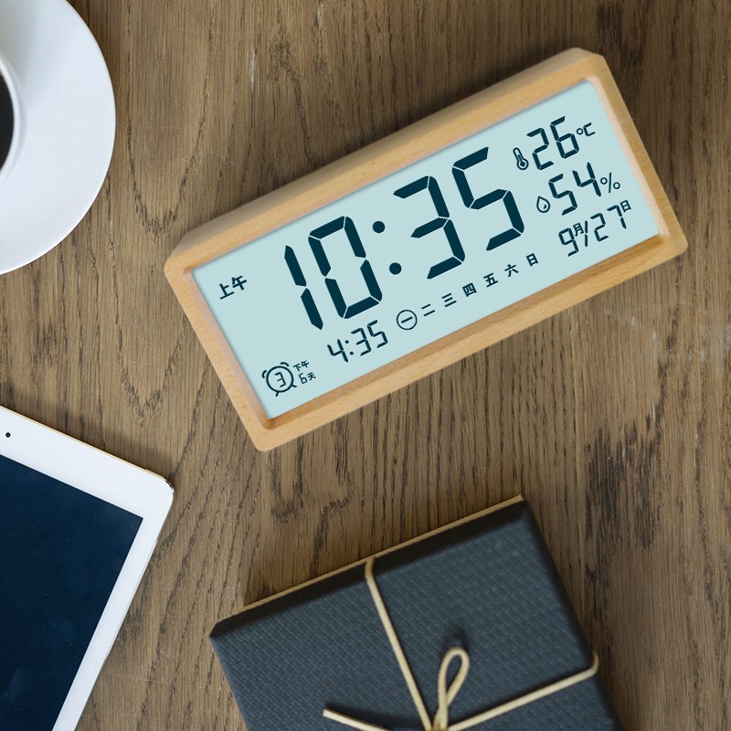实木多功能LCD钟表夜光静音摩门床头桌面时钟闹钟贪睡星期温湿度