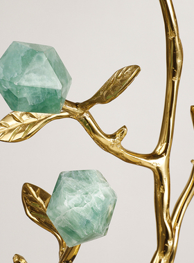 北欧轻奢黄铜连理枝发财树摆件天然水晶花酒店别墅客厅玄关软装饰