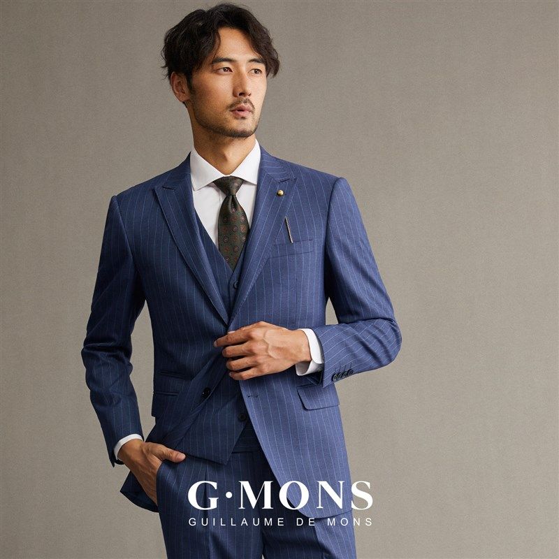 吉约蒙西装男套装蓝色条纹西服外套高级感修身新郎结婚礼服正装