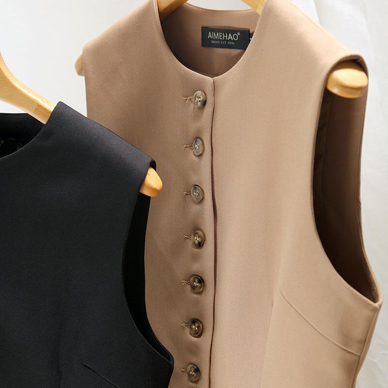 24新款多扣休闲修身显瘦中长款西装马甲女秋冬圆领小外套黑色