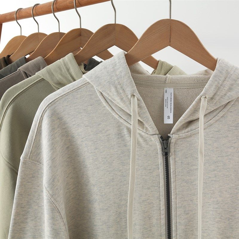 23年秋季新款灰白色灰色系纯棉毛圈连帽拉炼卫衣男女bf宽松落肩潮