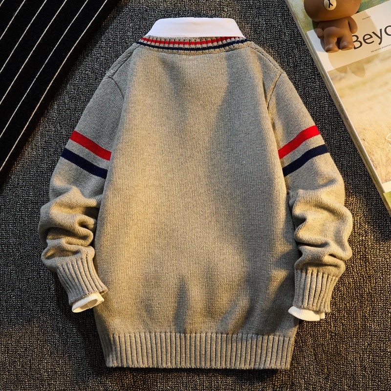 男童衬衫领毛衣假两件2024秋冬款儿童男孩长袖针织打底衫加绒加厚
