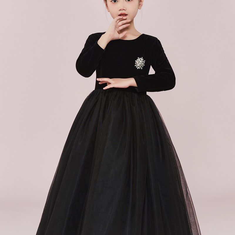 新款钢琴表演服高端洋气女童晚礼服合唱团演出礼服长款长袖公主裙