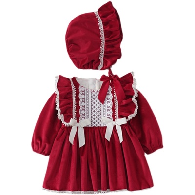 女宝宝公主裙秋冬加绒一岁生日周岁礼服红色喜庆抓周连衣裙小童冬