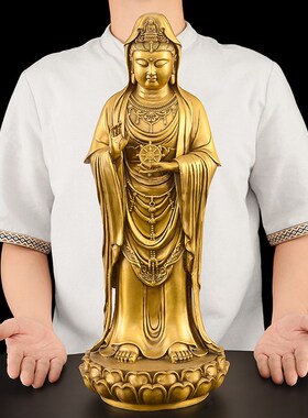 铜观音佛象黄铜南海观世音菩萨家用供奉佛像摆件千手观音站姿大号