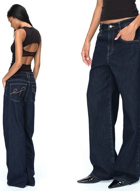 EMPTY PAGE深蓝色原色牛仔裤直筒百搭宽松休闲裤