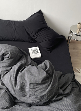 黑色绅士纯色条纹简约床上四件套全棉床单被套被罩床笠款床品