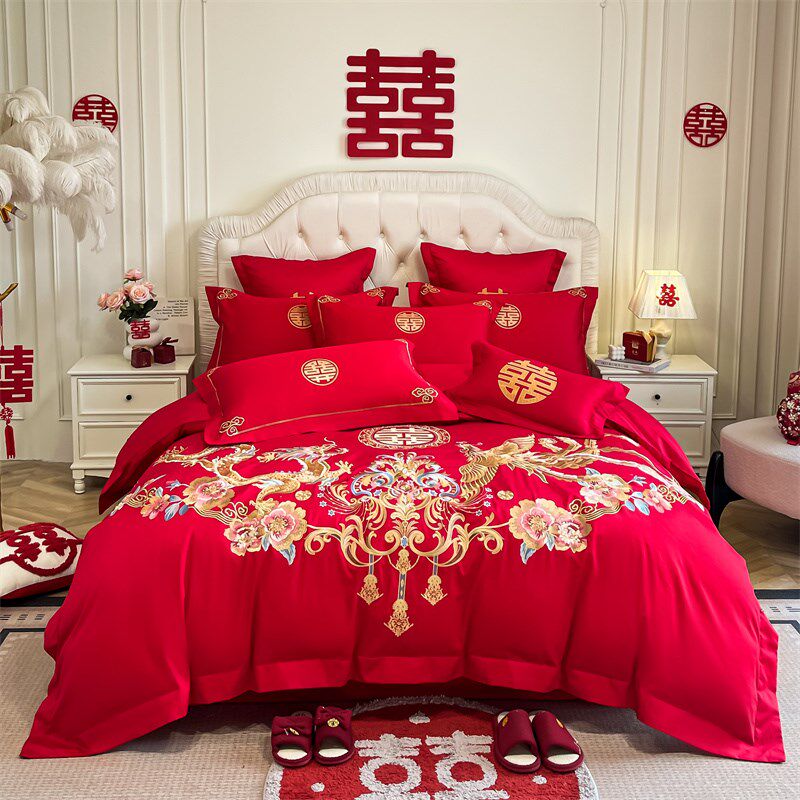 婚庆四件套大红龙凤刺绣被套新结婚房嫁礼床笠单床上用品