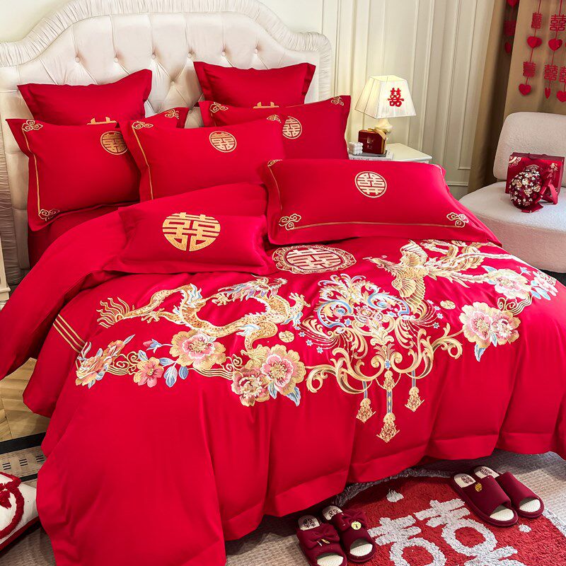 高端中式新婚庆四件套红色床单龙凤刺绣被套喜被结婚床上用品