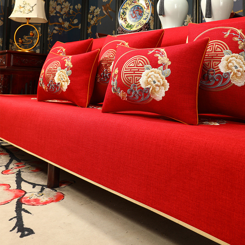 中式婚庆沙发盖巾红色喜庆结婚盖布罗汉床垫子红木沙发坐垫靠背巾