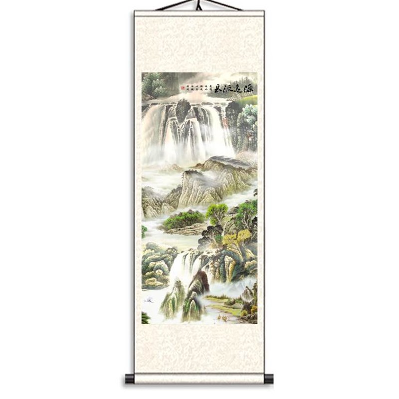 客厅竖山水背景卷轴挂画办公室玄风景靠山画远流长饰壁画