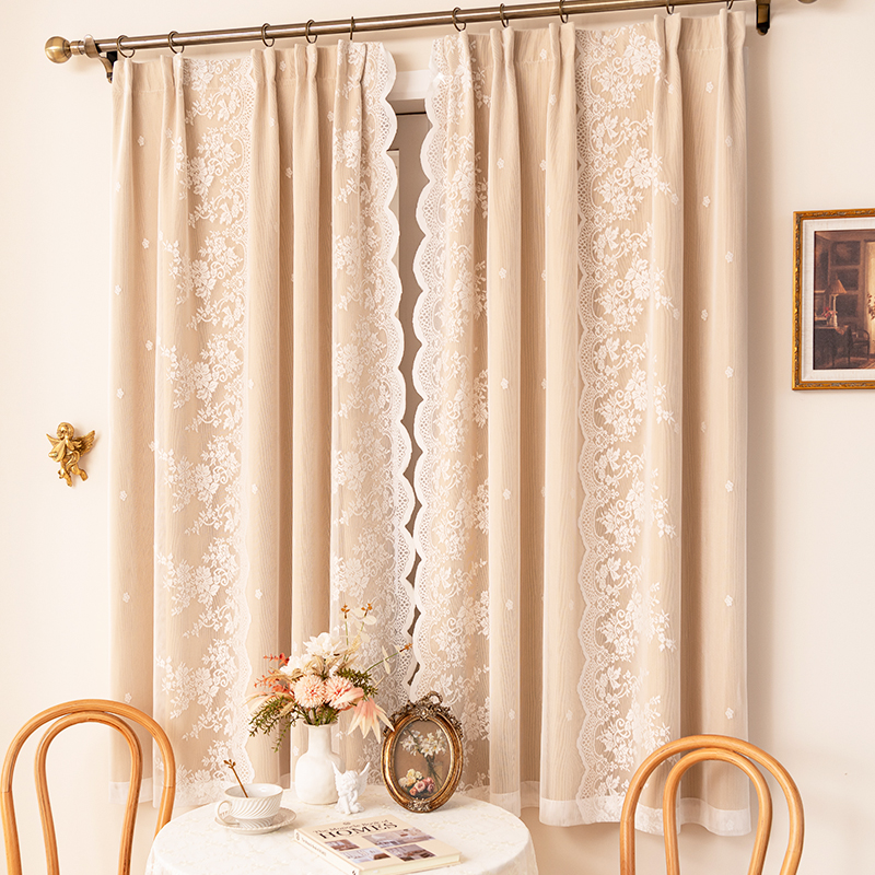 法式浪漫遮光窗帘蕾丝层布纱一体免打孔202新款卧室飘窗小窗户