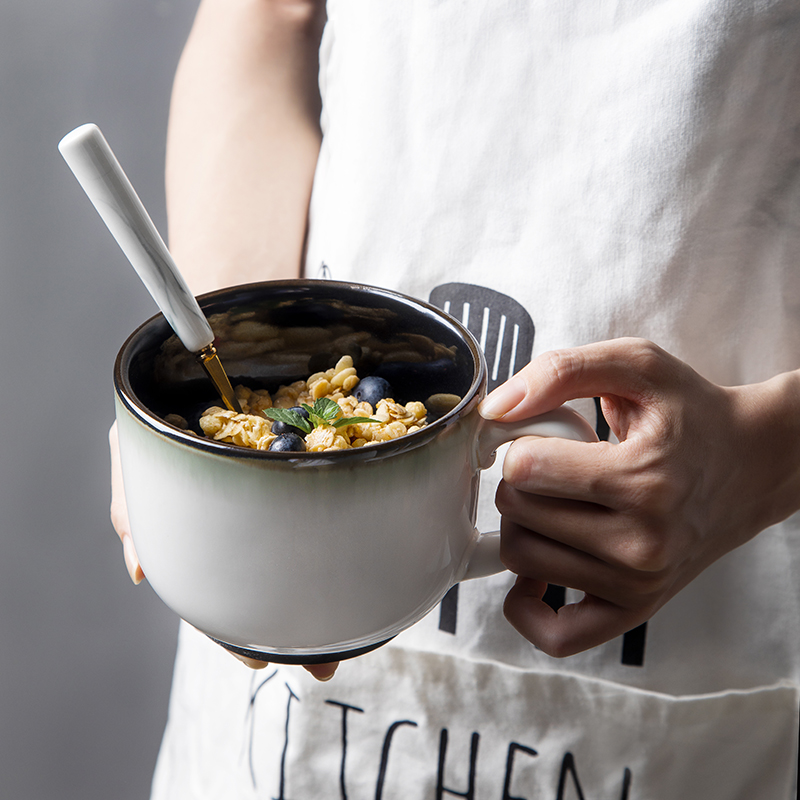 大肚牛奶早餐杯陶瓷泡燕麦片杯子带盖勺大号容量可微波欧式00ml