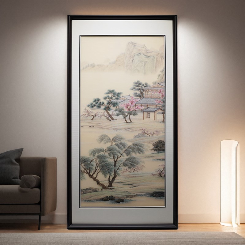 精品客厅挂画宋式山水风景纯手工蚕丝线刺绣新书房饰画