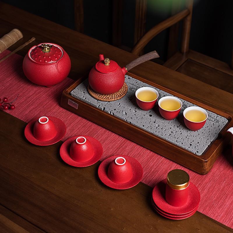 红色家用婚礼功夫茶具陶瓷侧把壶泡茶壶茶杯茶盘装