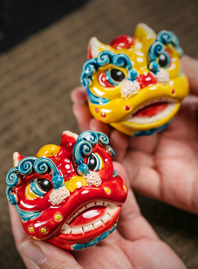 交趾陶创意瑞兽醒狮茶具陶瓷创意装饰精品茶玩送人送礼品