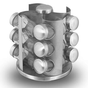 高档12味旋转调味架调味瓶调味盒玻璃调味套装不锈钢拉丝厨房用品