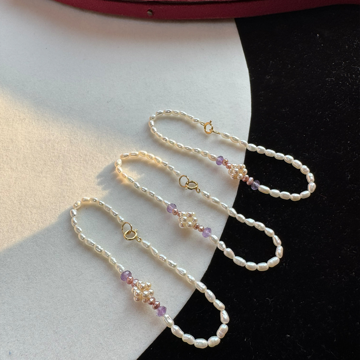 2mm米珠天然淡水珍珠手链紫水晶编织绣球手串