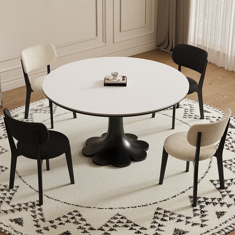 德利丰实木岩板餐桌家用小户型高端法式奶油中古风全托圆形圆桌子