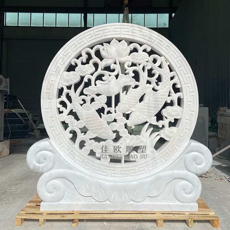 石雕浮雕镂空青石板福字荷花影壁墙庭院室外别墅隔断屏风石头照壁