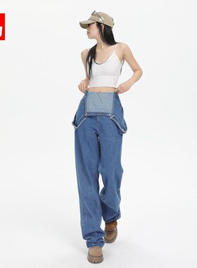 蓝色牛仔背带裤女田曦薇同款时尚秋季薄款宽松直筒连体拖地阔腿裤