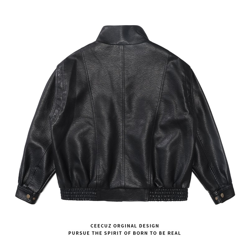 Ceecuz美式水洗做旧质感黑色皮衣男秋季防风立领复古短款廓形外套