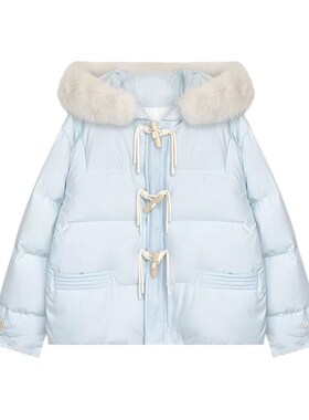 韩系冬装牛角扣连帽蓝色羽绒棉袄女2024新款小个子超好看洋气棉衣