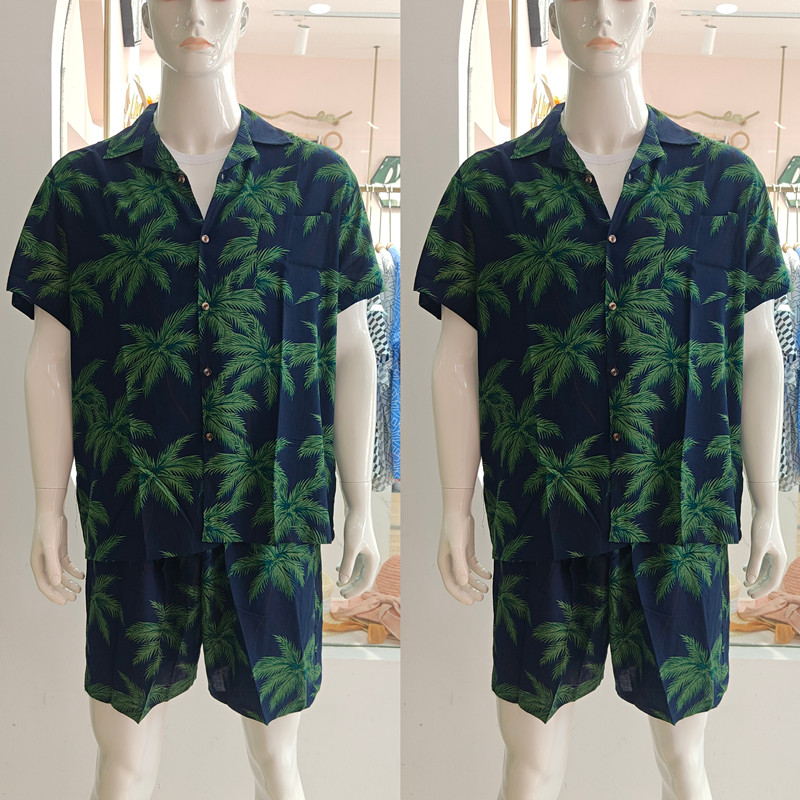 海南岛服沙滩服三亚夏威夷旅游男女情侣大码衬衫碎花168绵绸套装